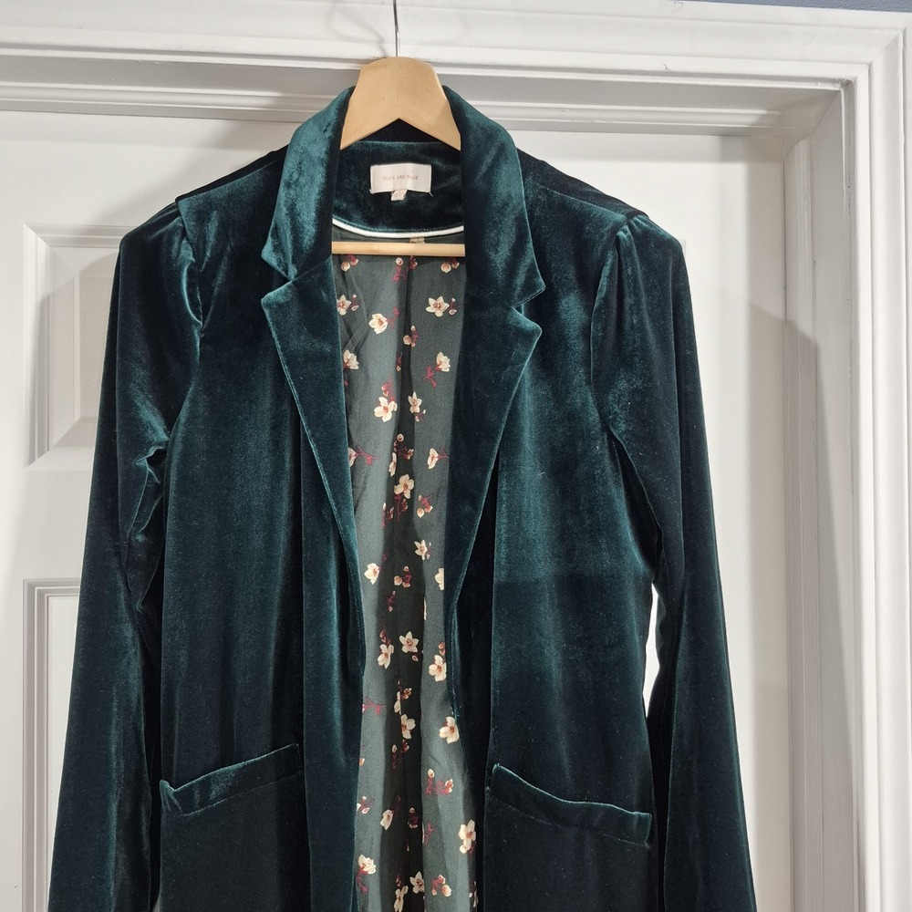 Skies Are Blue Velvet Duster Jacket Size Large Emerald Green Long Blazer Holiday